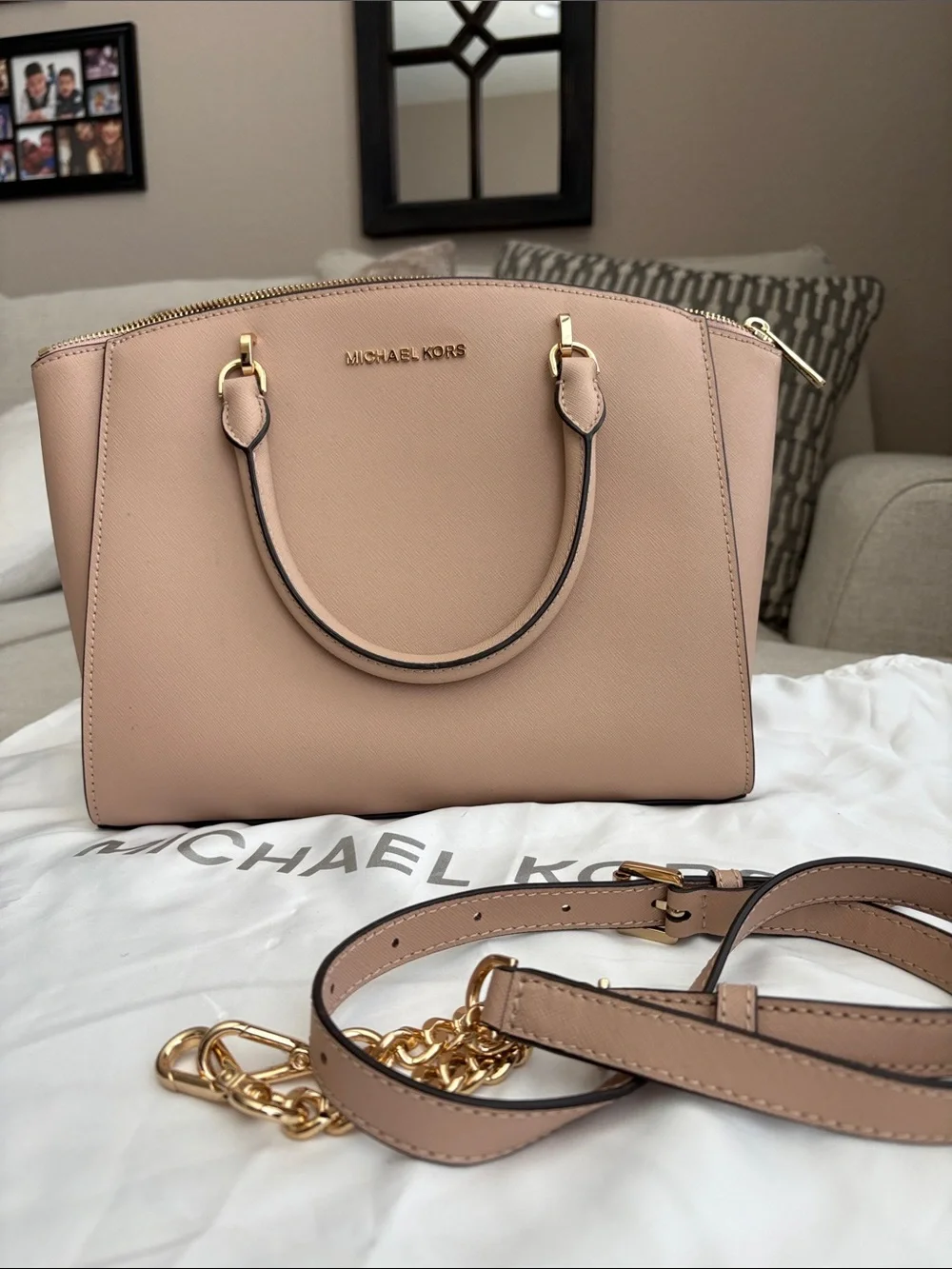 MICHAEL KORS Blush Pink Saffiano Satchel with Gold Hardware
